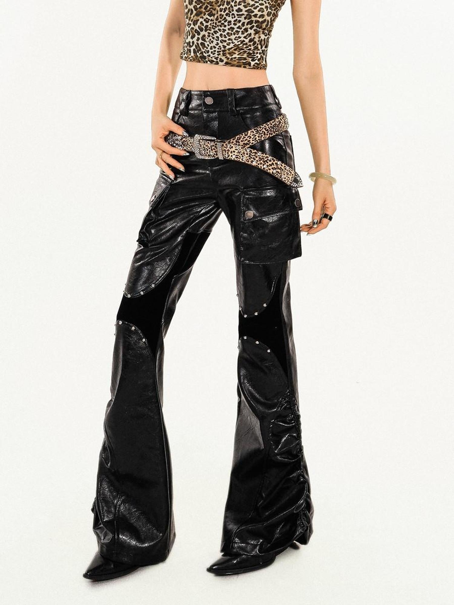 Nico Molly Pu Leather Low Rise Pocketed Mechanical Flared Women Utility Cargo Pants