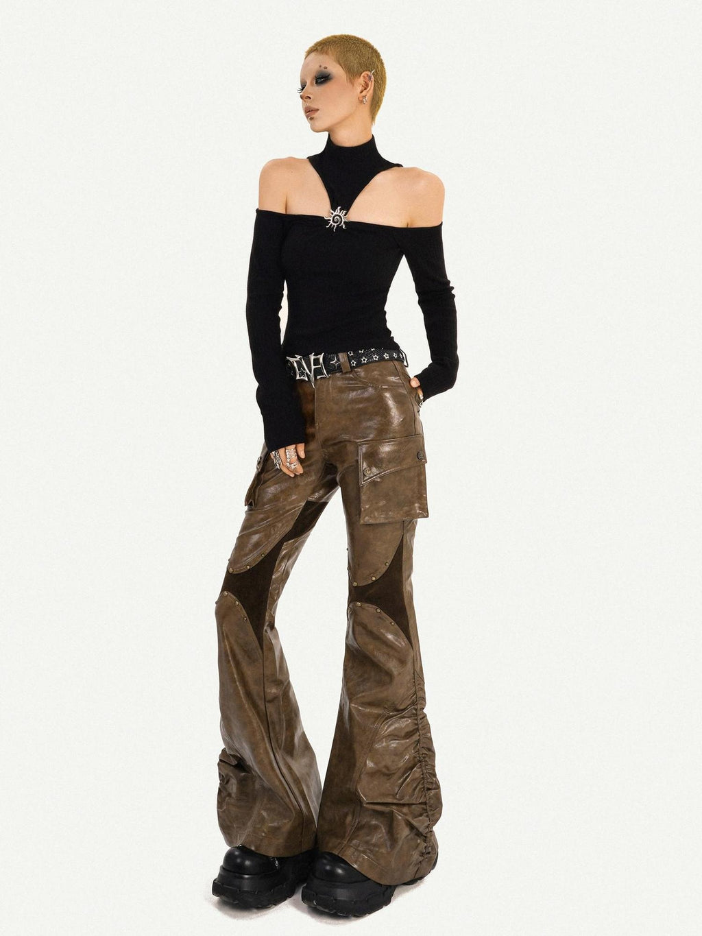 Nico Molly Pu Leather Low Rise Pocketed Mechanical Flared Women Utility Cargo Pants