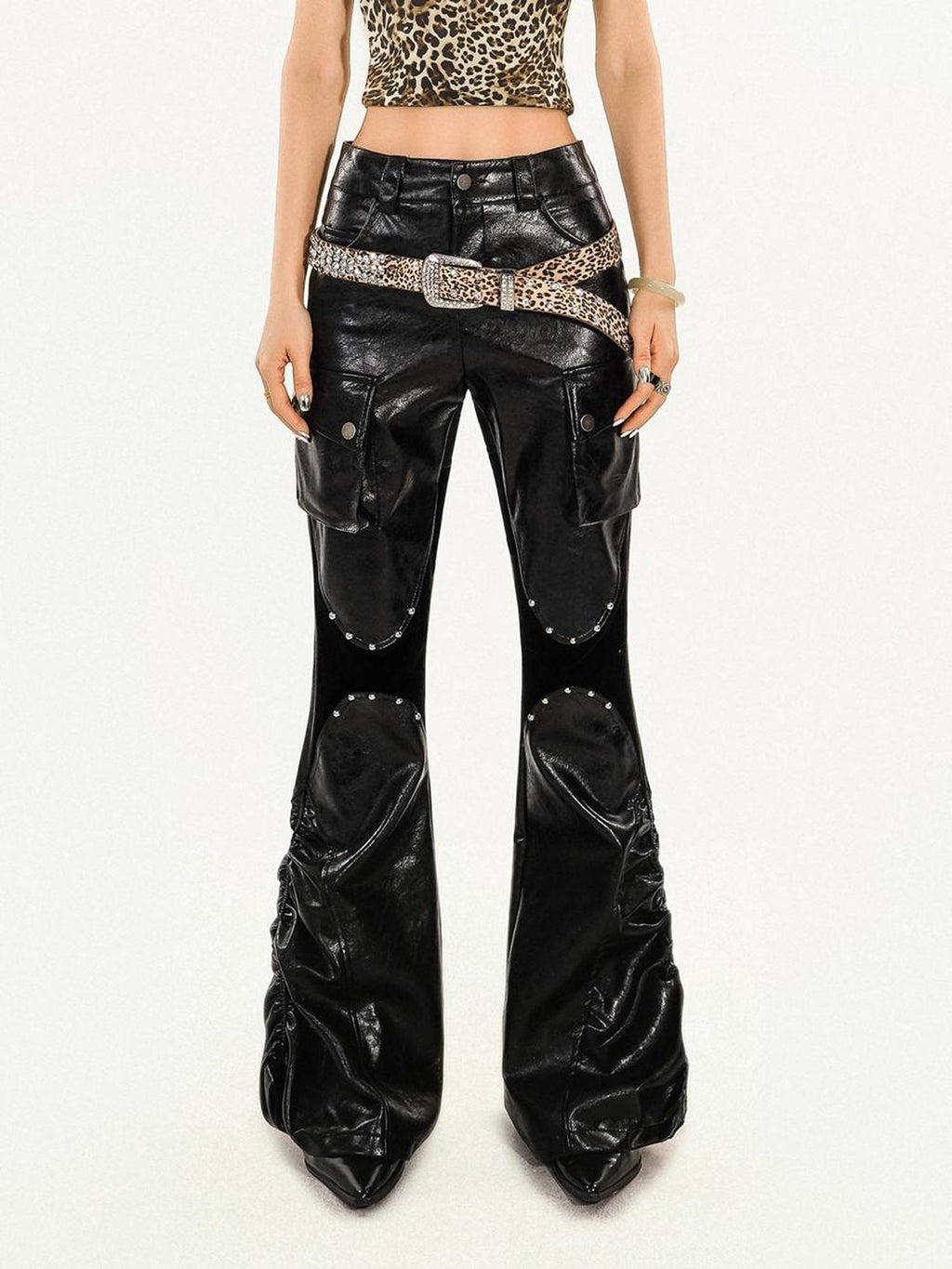 Nico Molly Pu Leather Low Rise Pocketed Mechanical Flared Women Utility Cargo Pants
