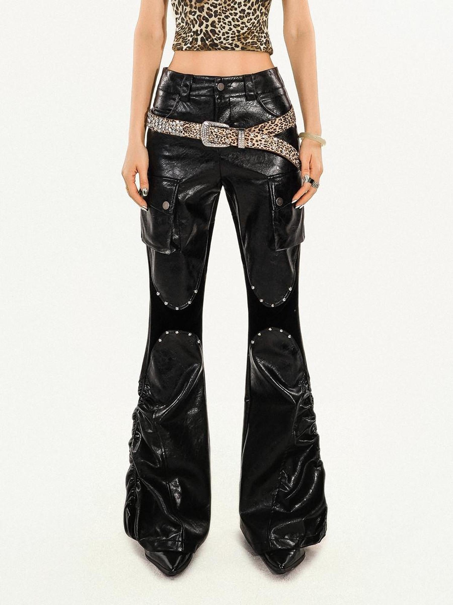 Nico Molly Pu Leather Low Rise Pocketed Mechanical Flared Women Utility Cargo Pants