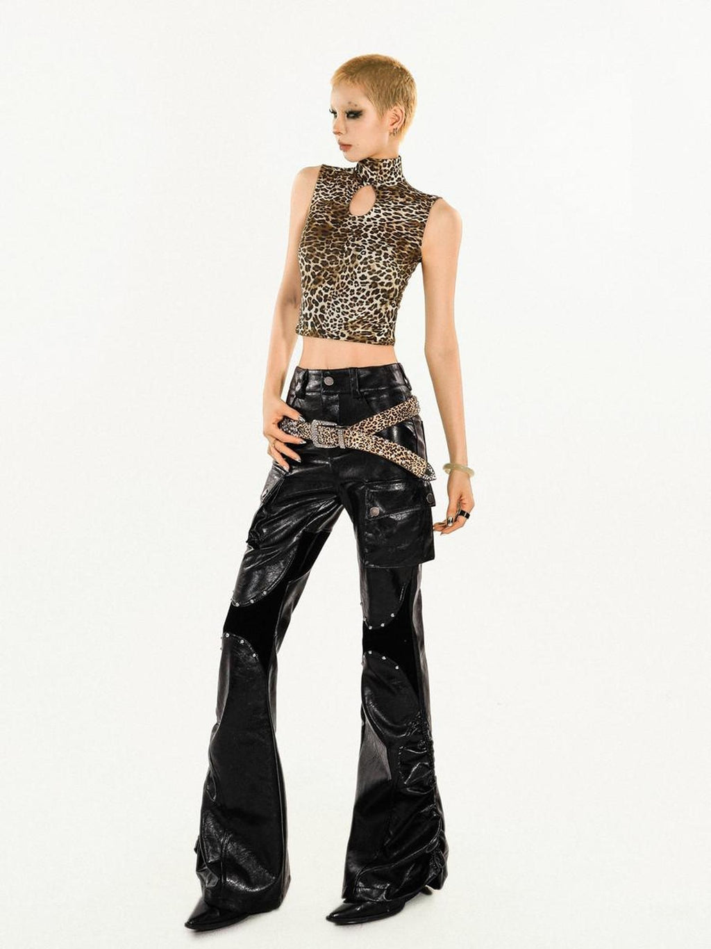 Nico Molly Pu Leather Low Rise Pocketed Mechanical Flared Women Utility Cargo Pants