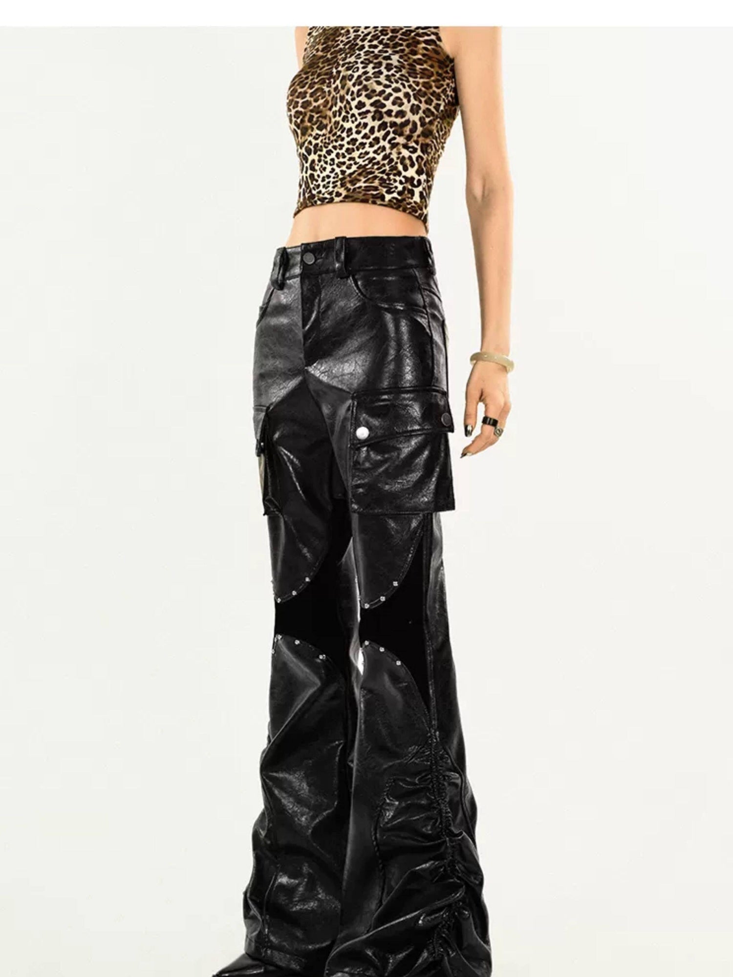 Nico Molly Pu Leather Low Rise Pocketed Mechanical Flared Women Utility Cargo Pants