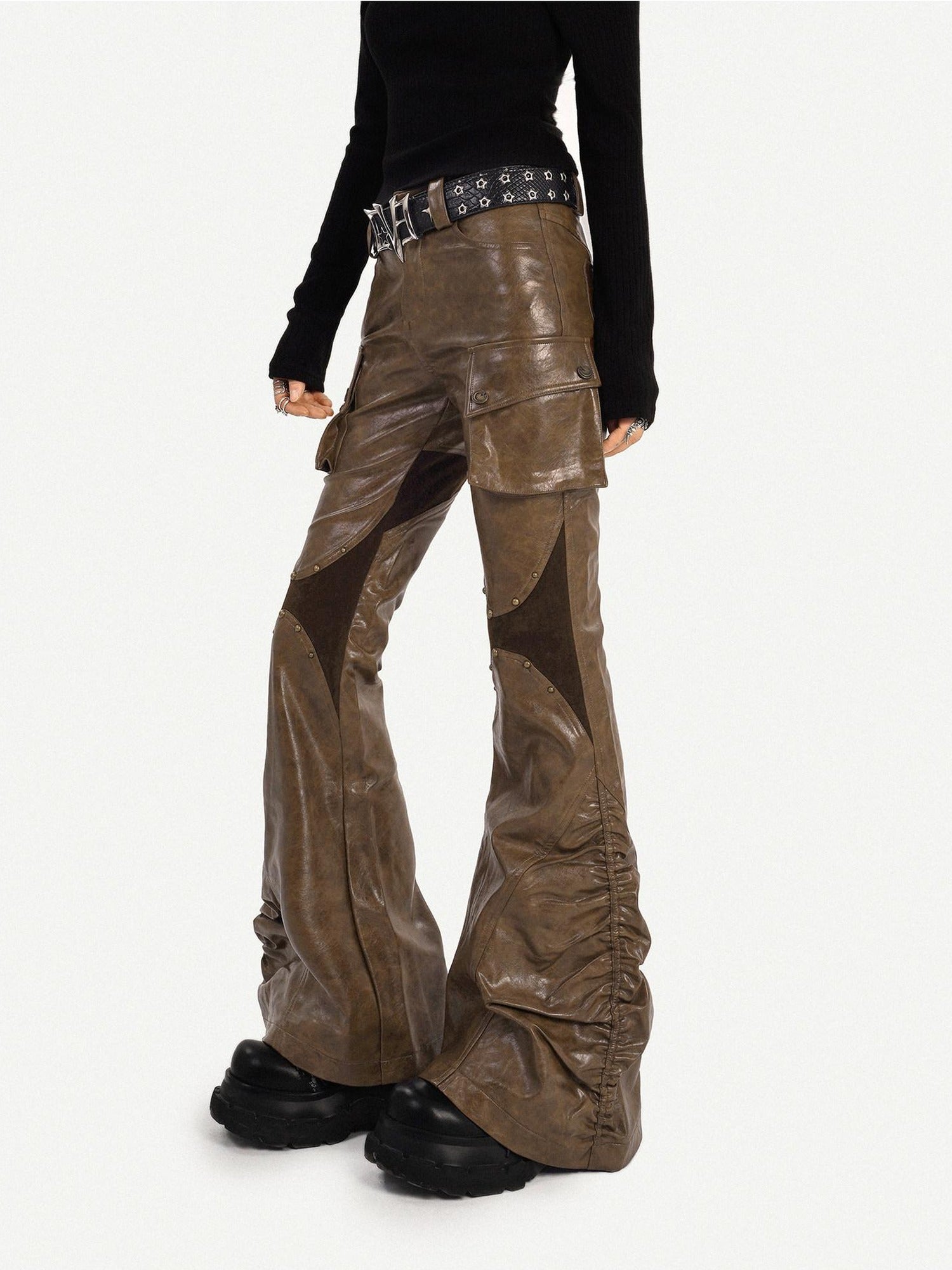 Nico Molly Pu Leather Low Rise Pocketed Mechanical Flared Women Utility Cargo Pants