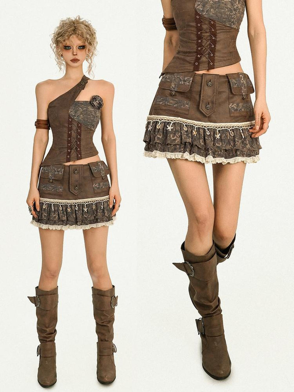 Nico Molly Punk Lace Pleated Vintage Brown Mid Waist Side Zip Lined Top & Skirt Sets