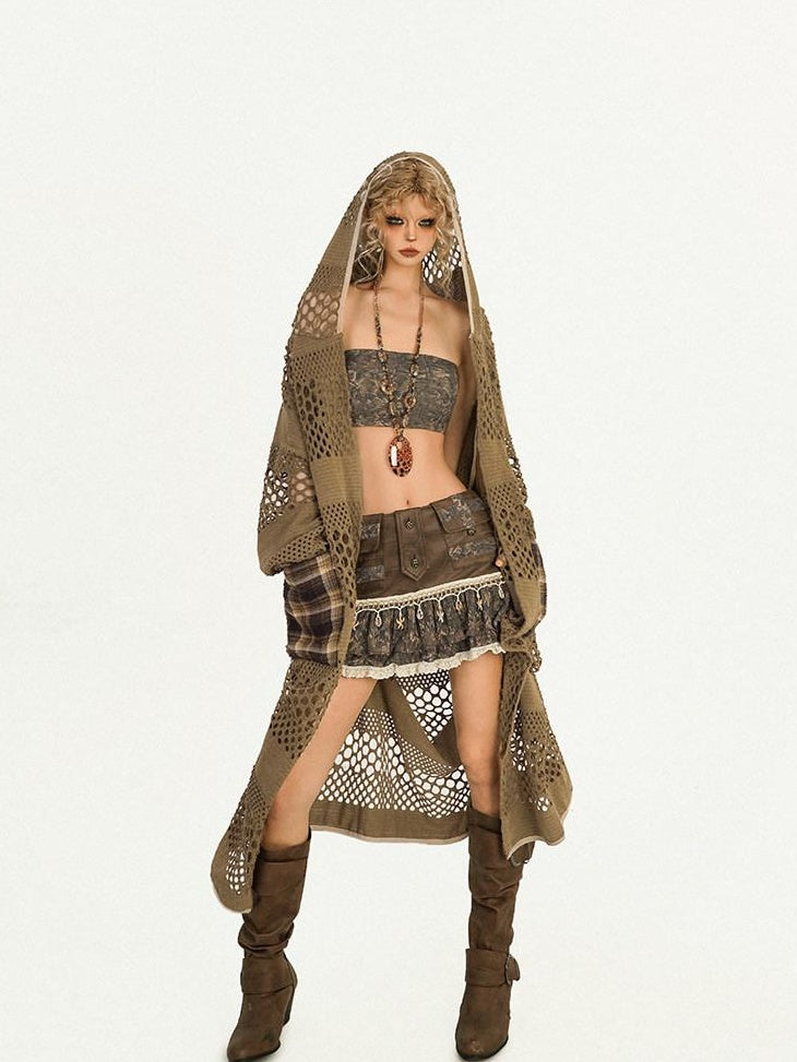 Nico Molly Punk Lace Pleated Vintage Brown Mid Waist Side Zip Lined Top & Skirt Sets