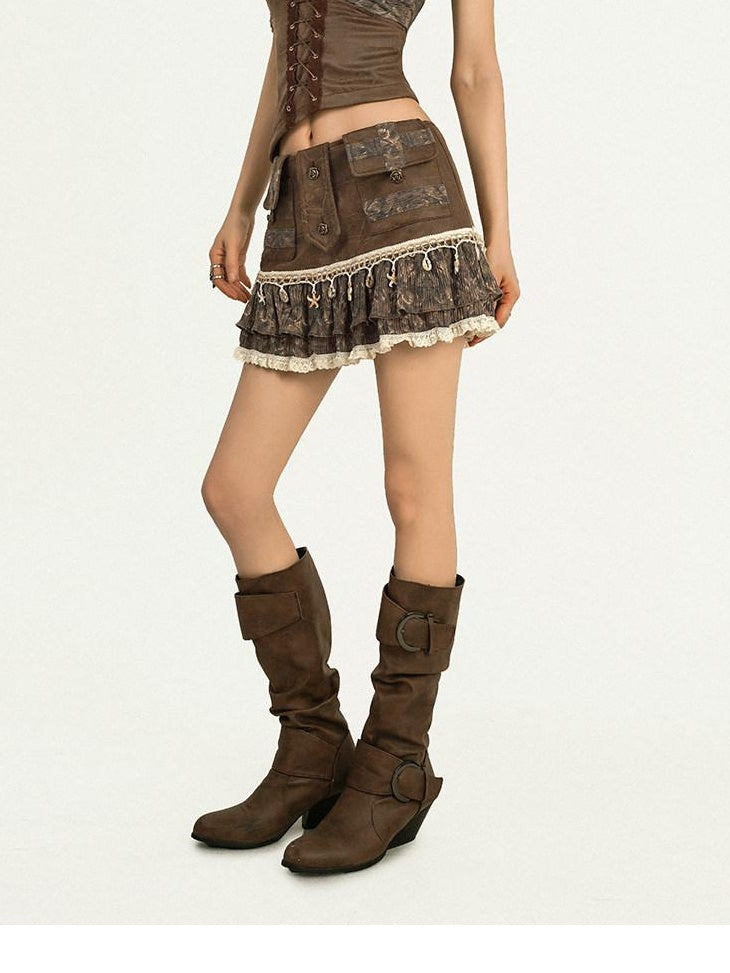 Nico Molly Punk Lace Pleated Vintage Brown Mid Waist Side Zip Lined Top & Skirt Sets