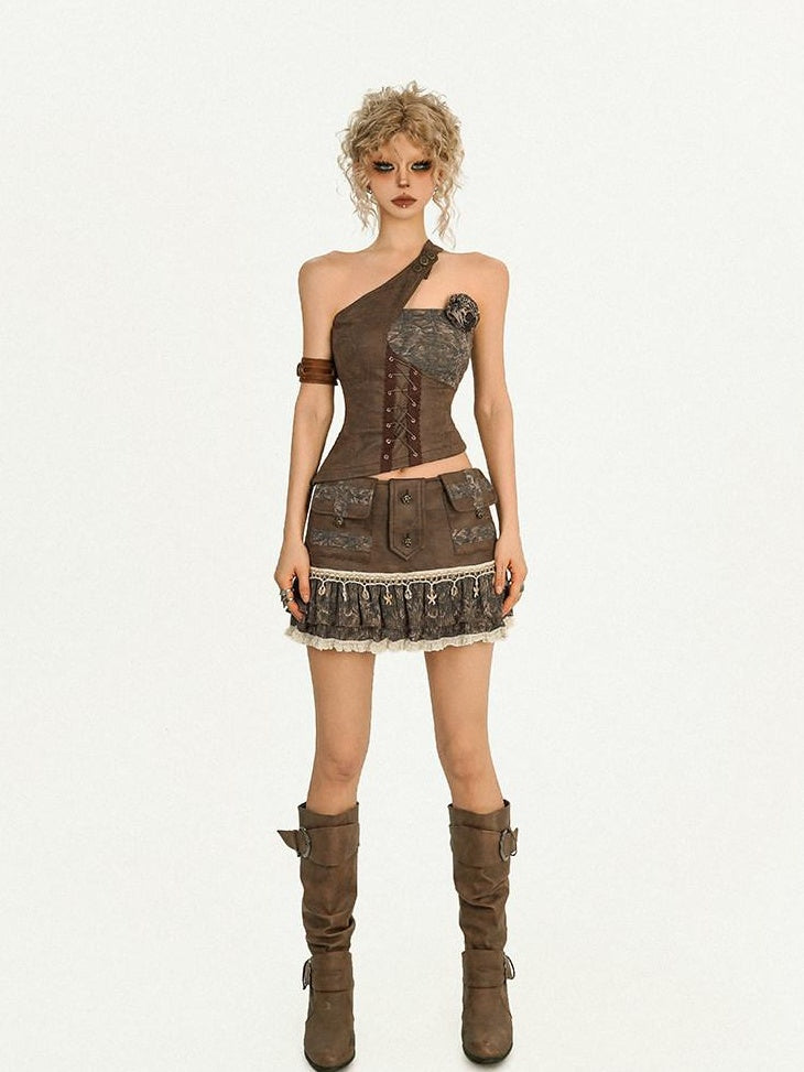 Nico Molly Punk Lace Pleated Vintage Brown Mid Waist Side Zip Lined Top & Skirt Sets