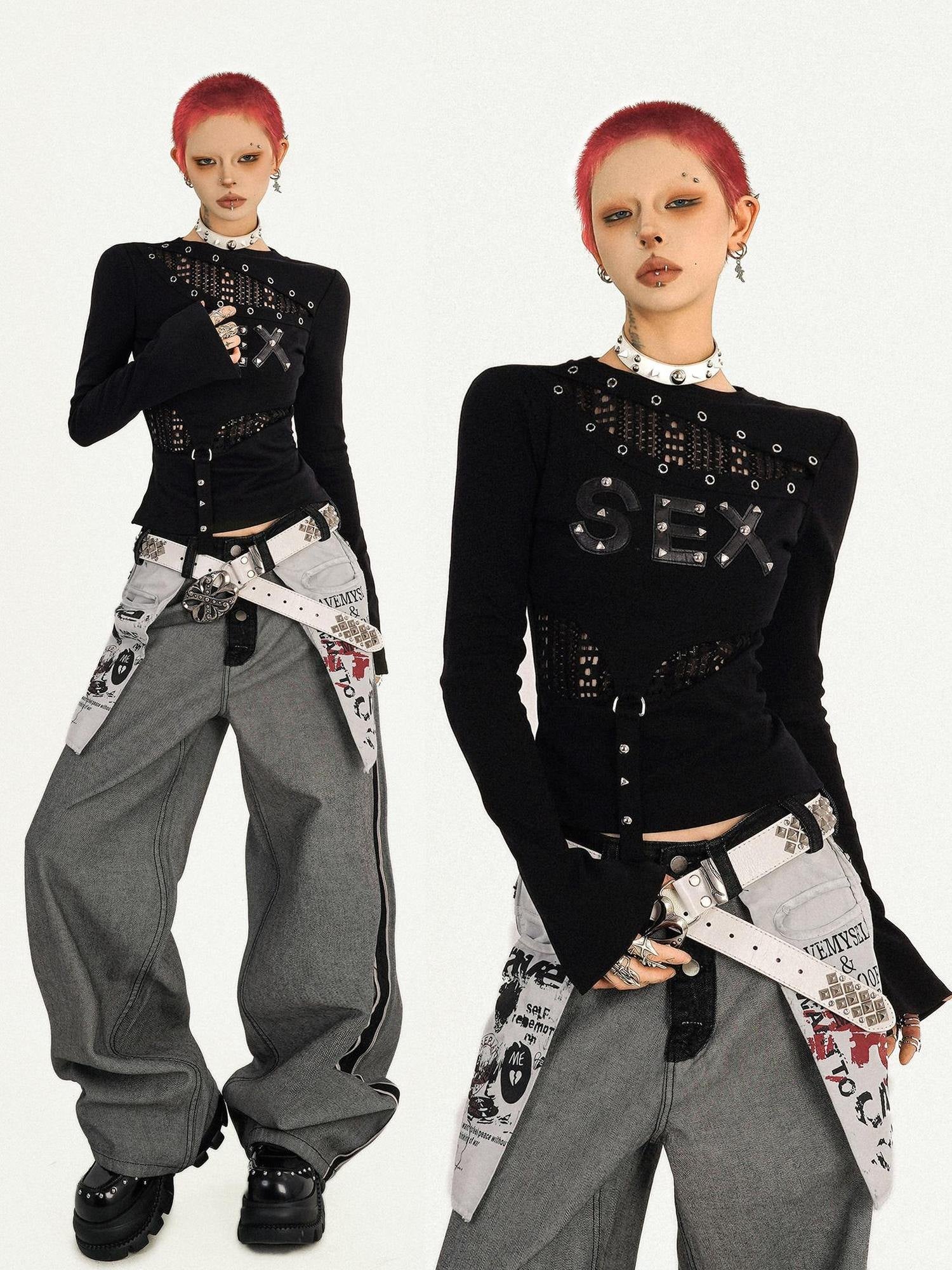 Nico Molly Quick Dry Cutout Slim Sexy Women Black Crew Letter Print Long Sleeve T-Shirts