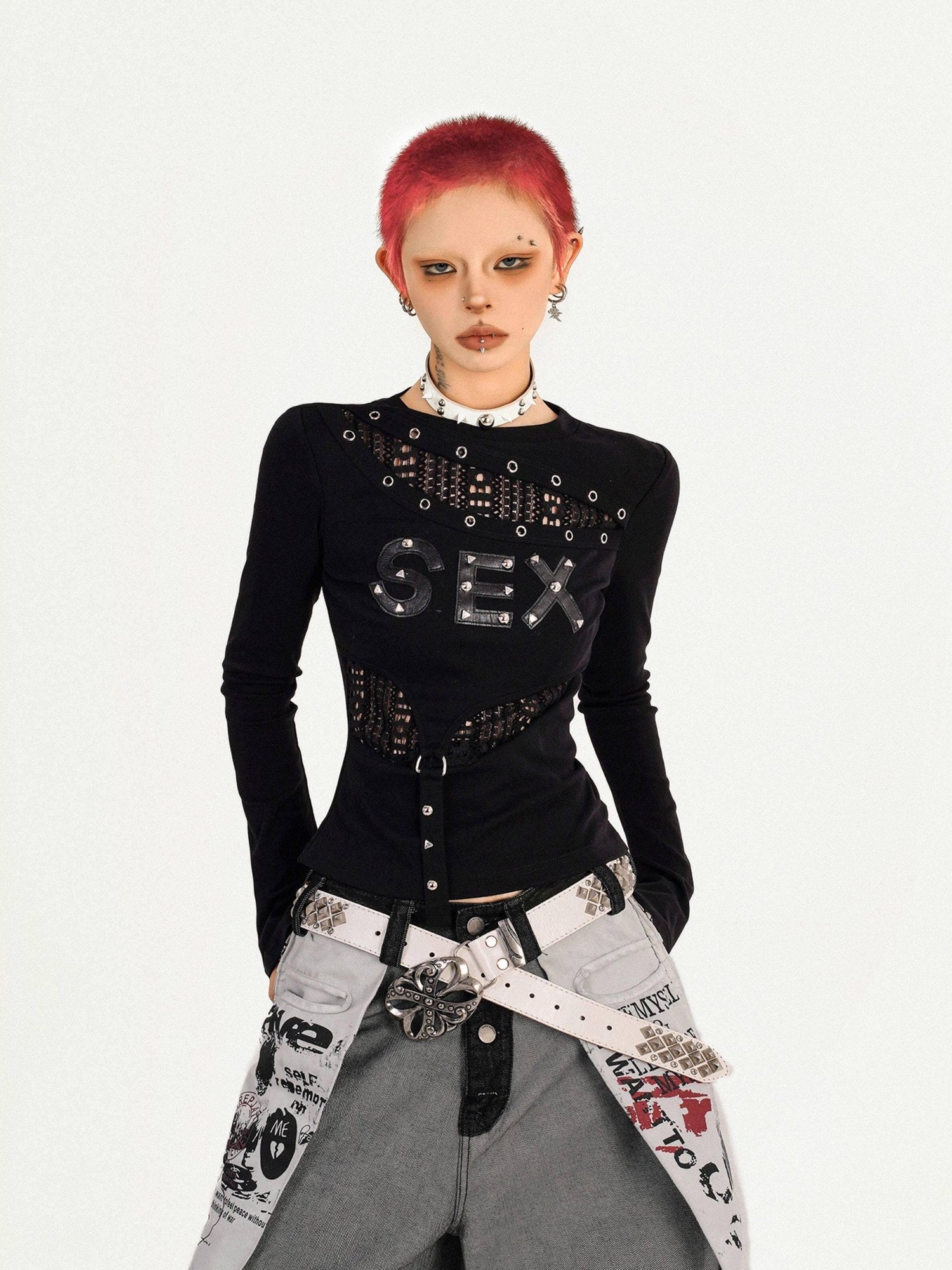 Nico Molly Quick Dry Cutout Slim Sexy Women Black Crew Letter Print Long Sleeve T-Shirts