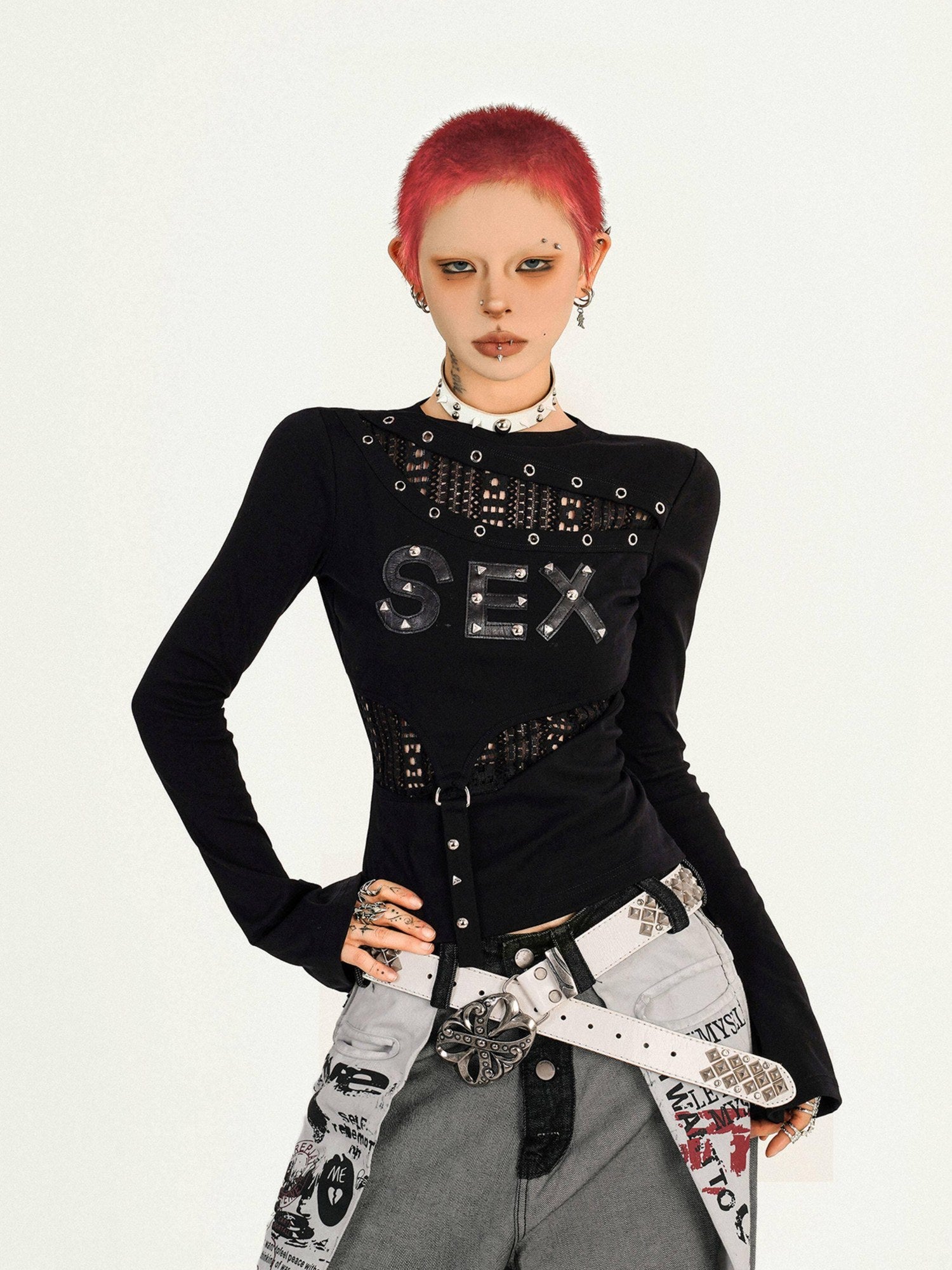 Nico Molly Quick Dry Cutout Slim Sexy Women Black Crew Letter Print Long Sleeve T-Shirts