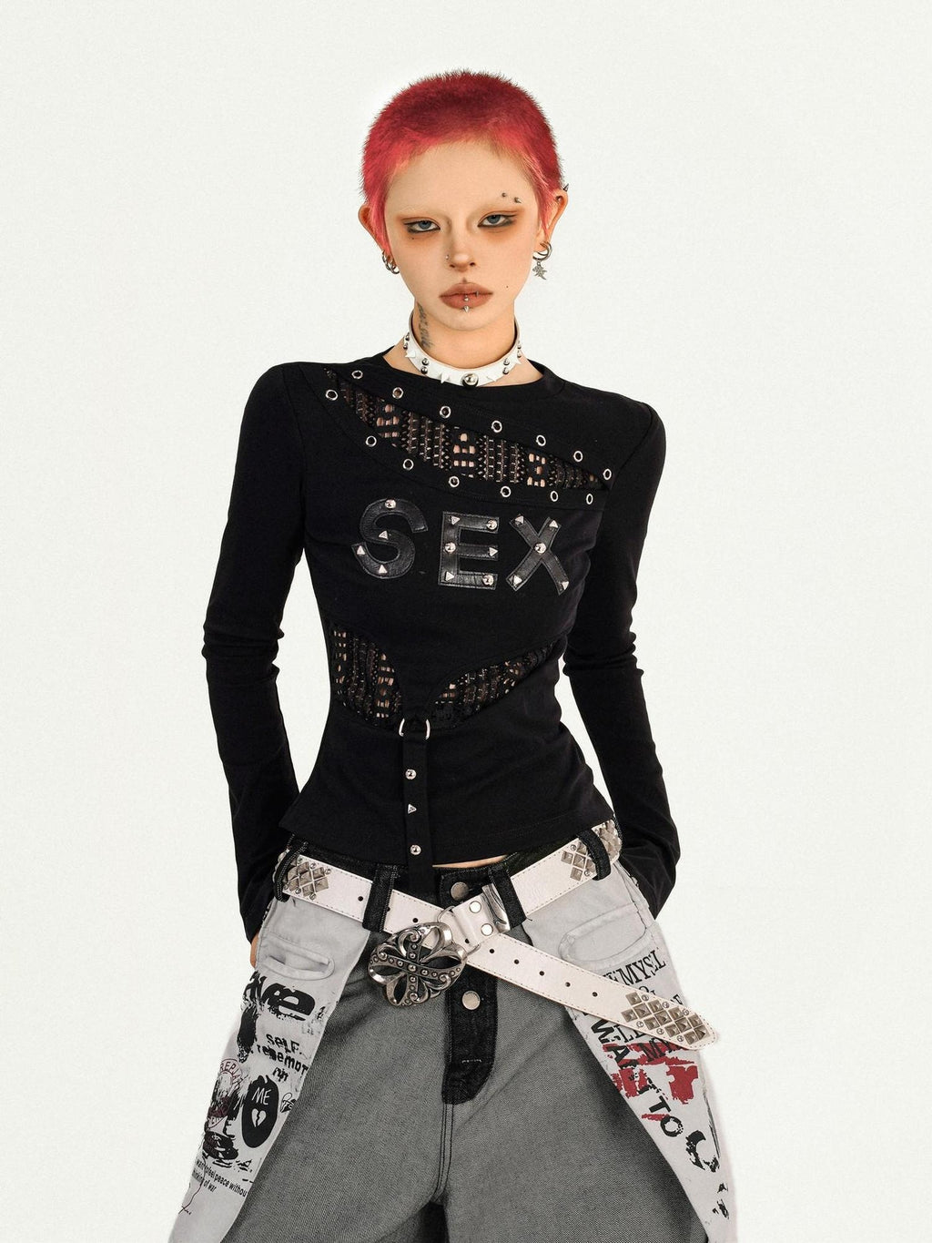 Nico Molly Quick Dry Cutout Slim Sexy Women Black Crew Letter Print Long Sleeve T-Shirts