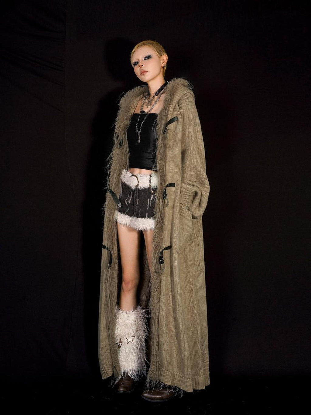 Nico Molly Relaxed Oversized Hooded Knit Patchwork Fringe Midlength Women Long Coats