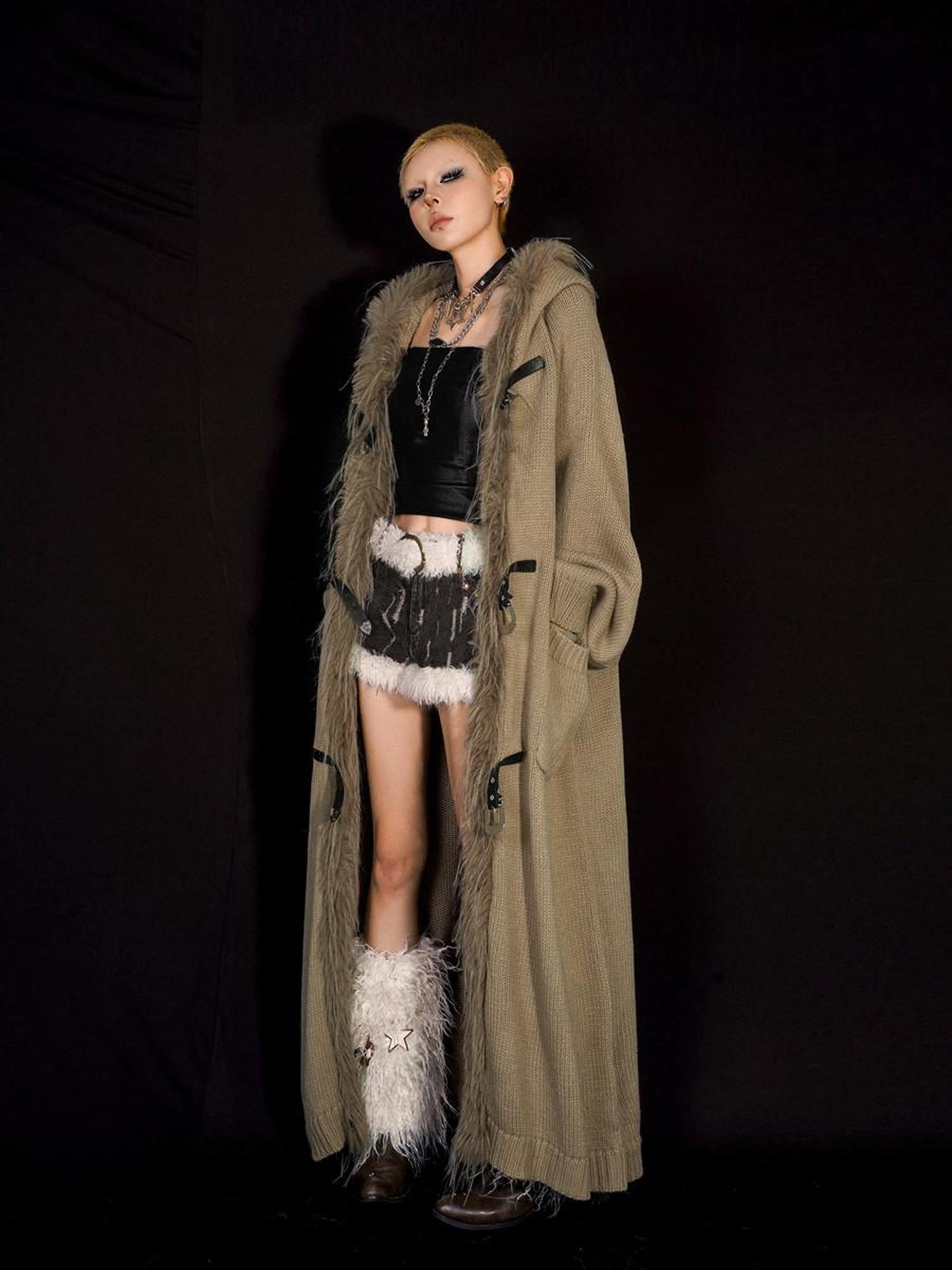 Nico Molly Relaxed Oversized Hooded Knit Patchwork Fringe Midlength Women Long Coats