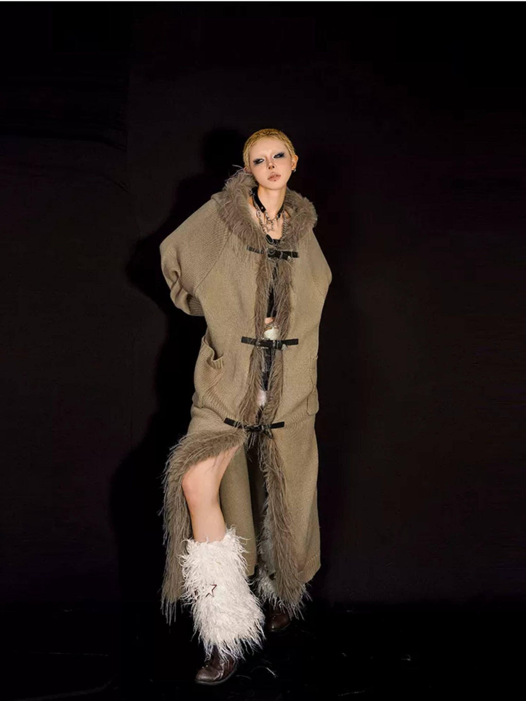 Nico Molly Relaxed Oversized Hooded Knit Patchwork Fringe Midlength Women Long Coats