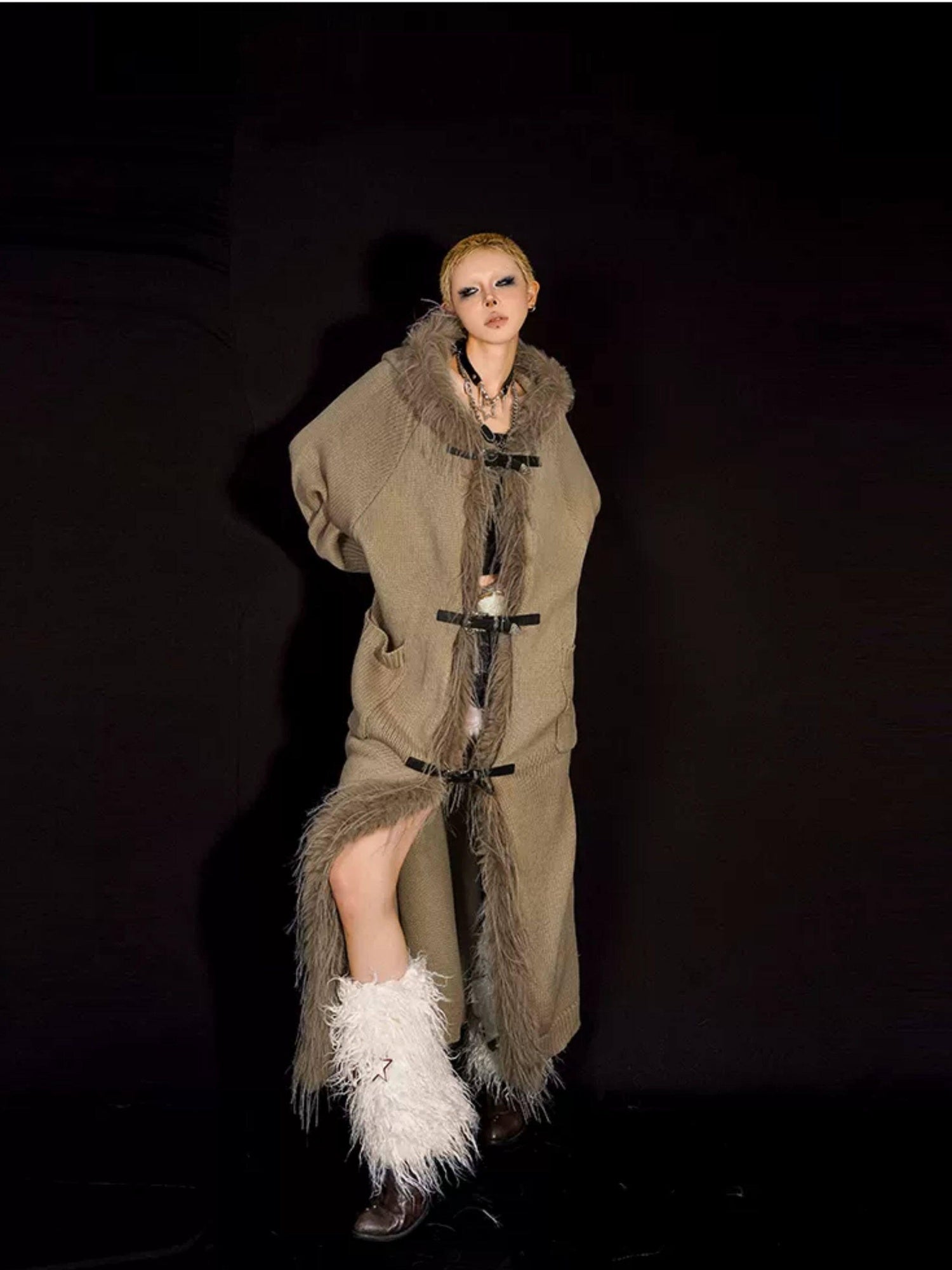Nico Molly Relaxed Oversized Hooded Knit Patchwork Fringe Midlength Women Long Coats