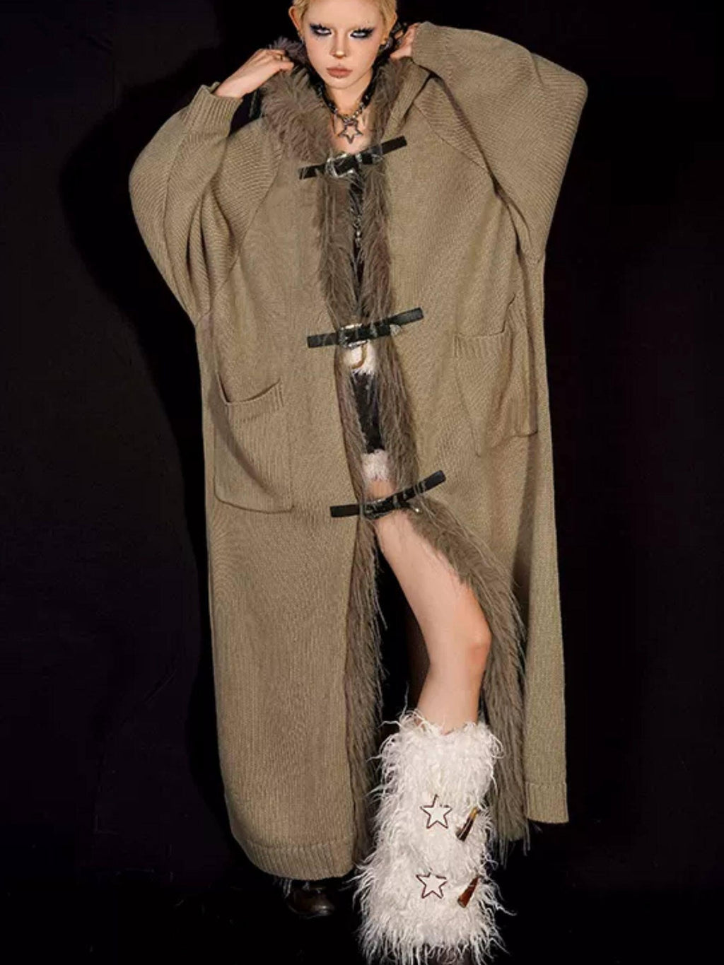 Nico Molly Relaxed Oversized Hooded Knit Patchwork Fringe Midlength Women Long Coats