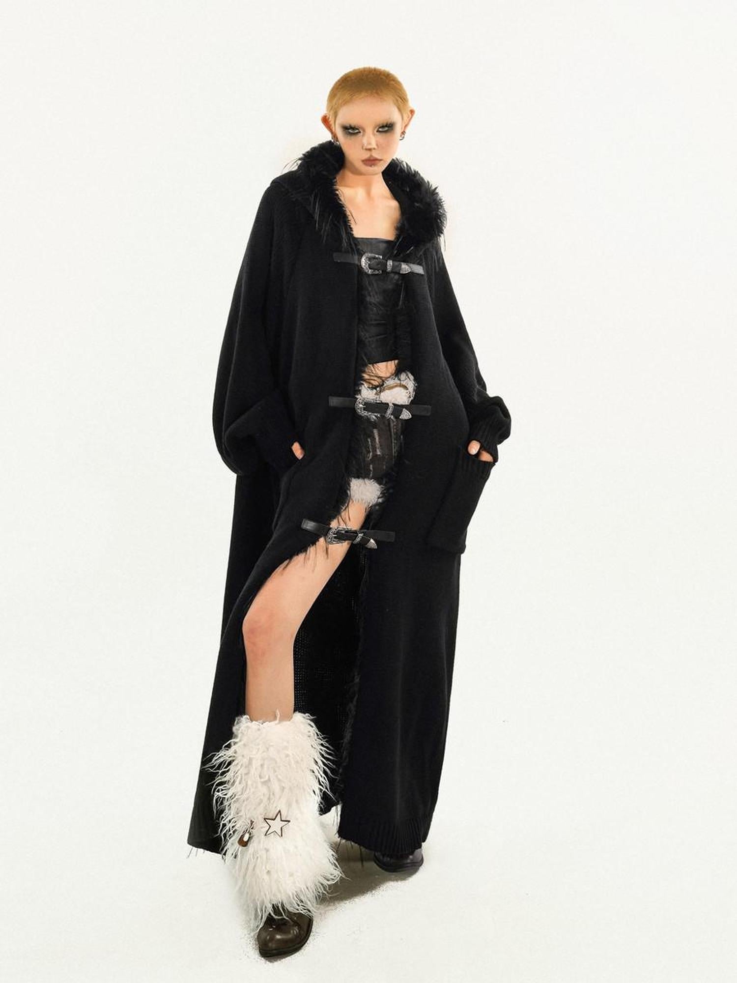 Nico Molly Relaxed Oversized Hooded Knit Patchwork Fringe Midlength Women Long Coats