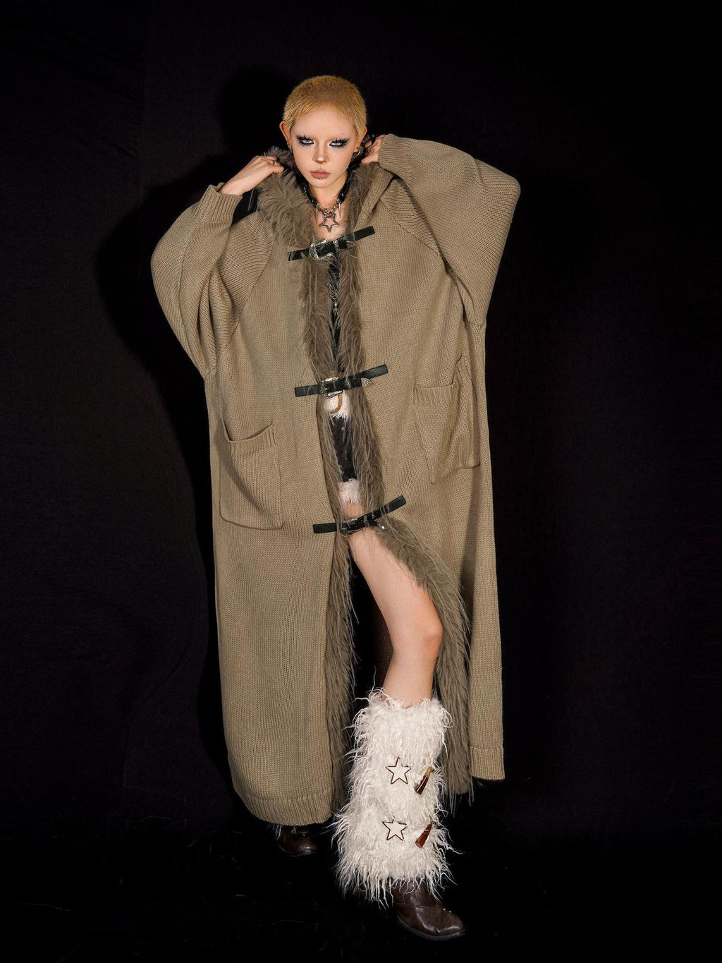 Nico Molly Relaxed Oversized Hooded Knit Patchwork Fringe Midlength Women Long Coats