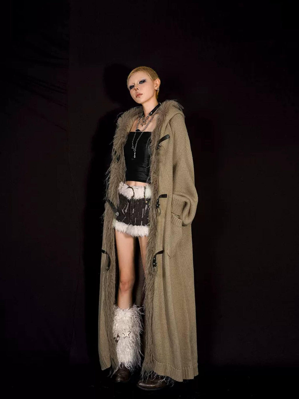 Nico Molly Relaxed Oversized Hooded Knit Patchwork Fringe Midlength Women Long Coats