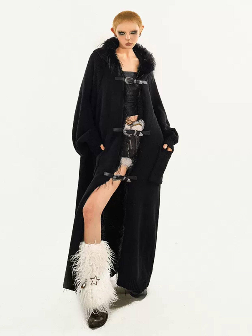 Nico Molly Relaxed Oversized Hooded Knit Patchwork Fringe Midlength Women Long Coats