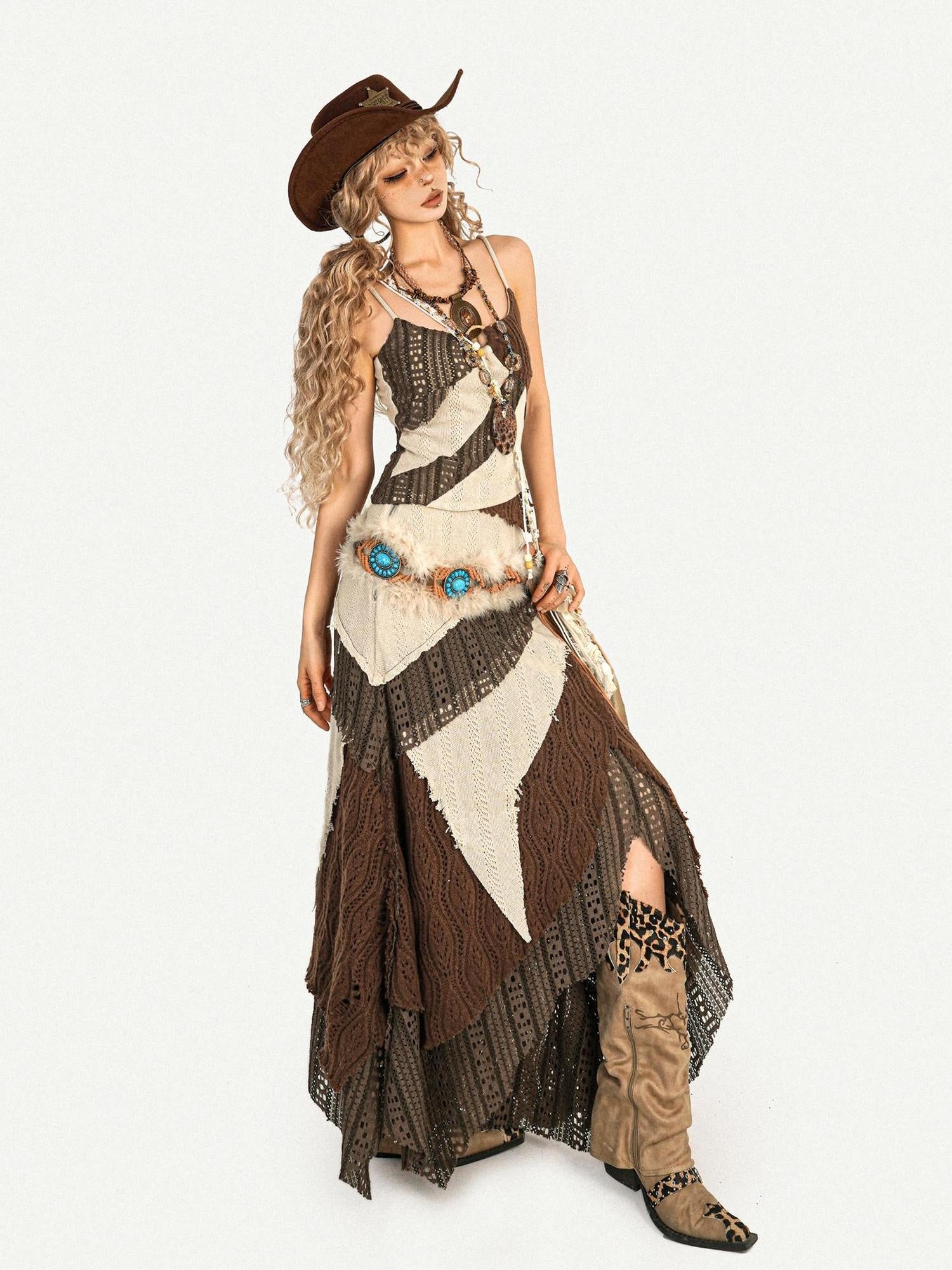 Nico Molly Retro Asymmetric Side Slit A Line Mid Waist Knit Casual Young Women Maxi Skirts