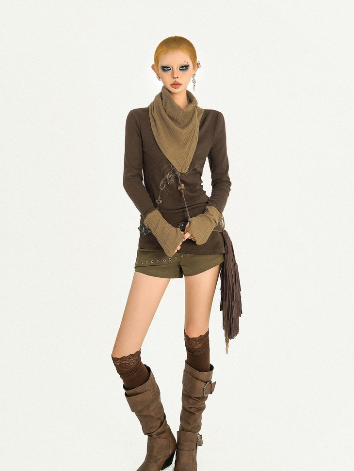 Nico Molly Retro Butterfly Hot Girl Slim Knit Splice Mock Neck Women Long Sleeve T-Shirts
