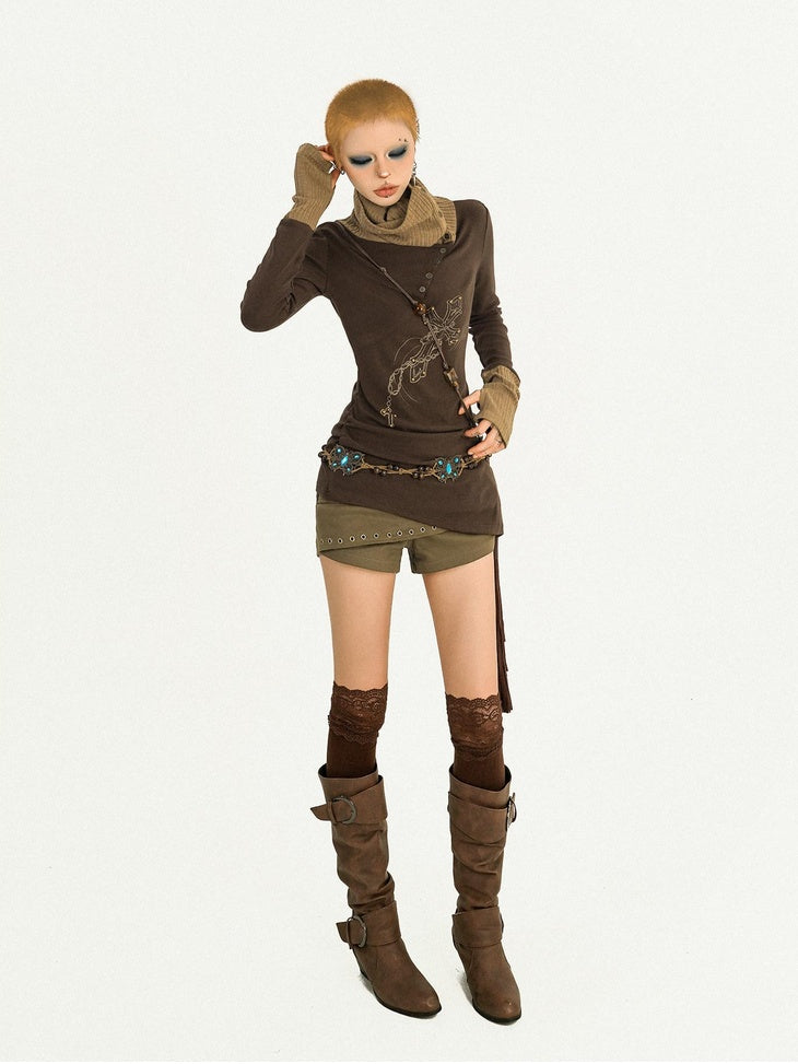 Nico Molly Retro Butterfly Hot Girl Slim Knit Splice Mock Neck Women Long Sleeve T-Shirts