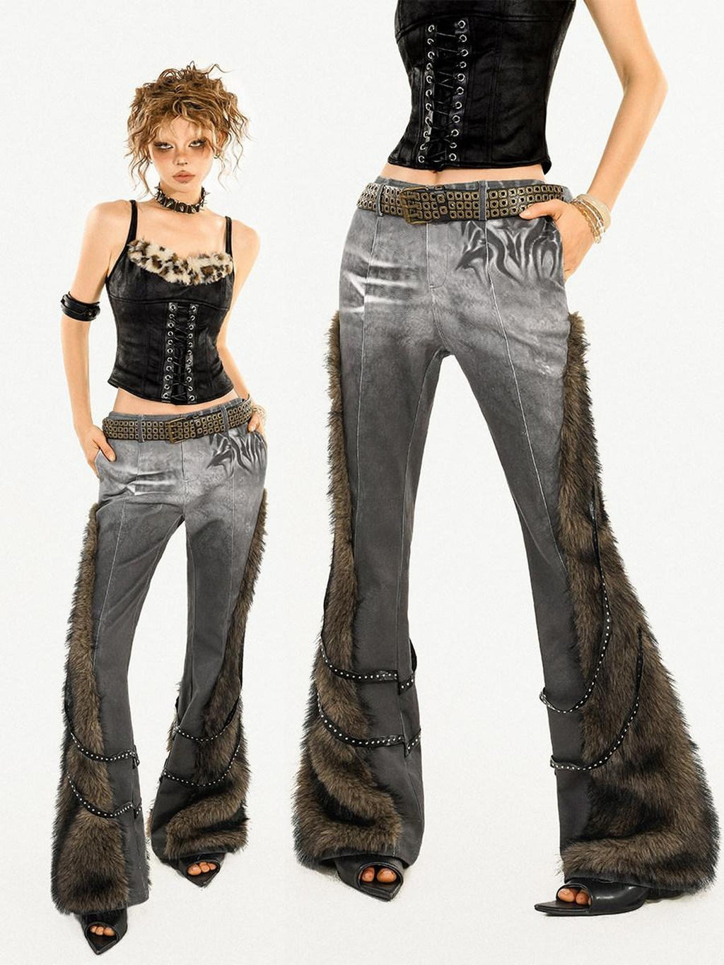 Nico Molly Retro Low Rise Frayed Hem Patterned Women Wide Leg Flared Pants