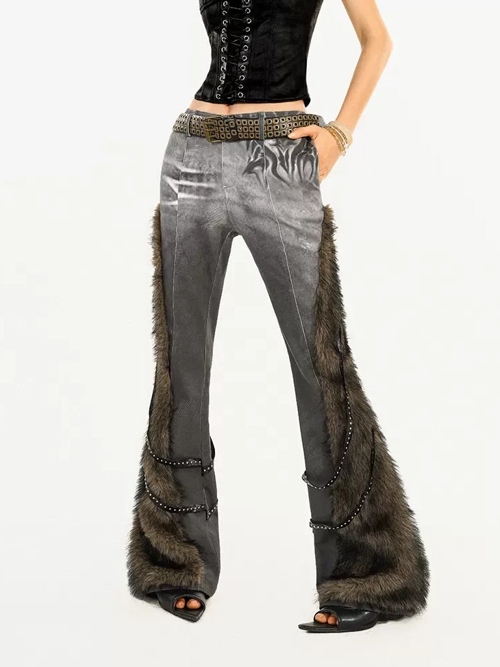 Nico Molly Retro Low Rise Frayed Hem Patterned Women Wide Leg Flared Pants