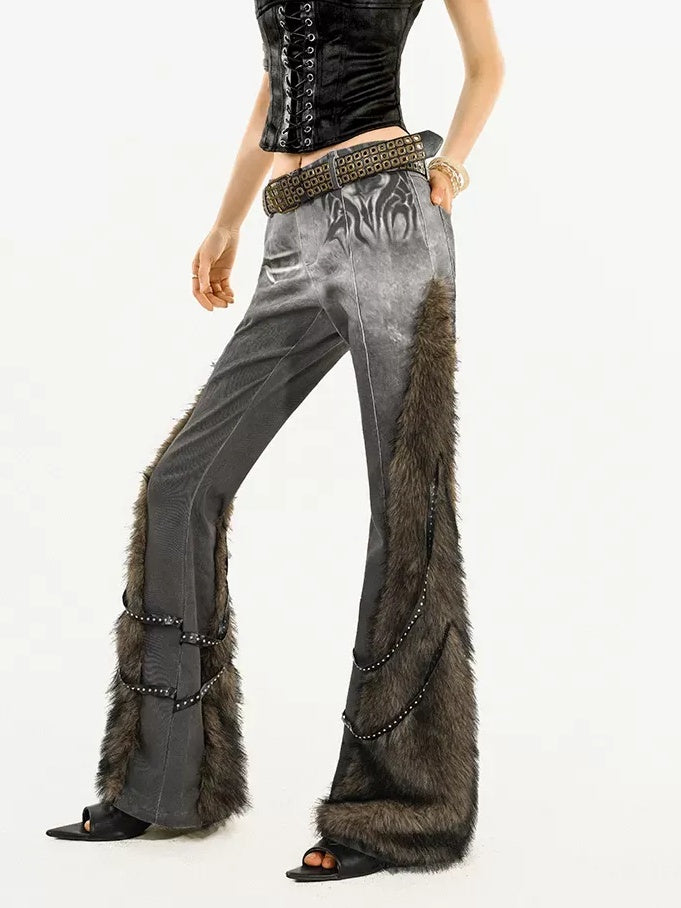 Nico Molly Retro Low Rise Frayed Hem Patterned Women Wide Leg Flared Pants