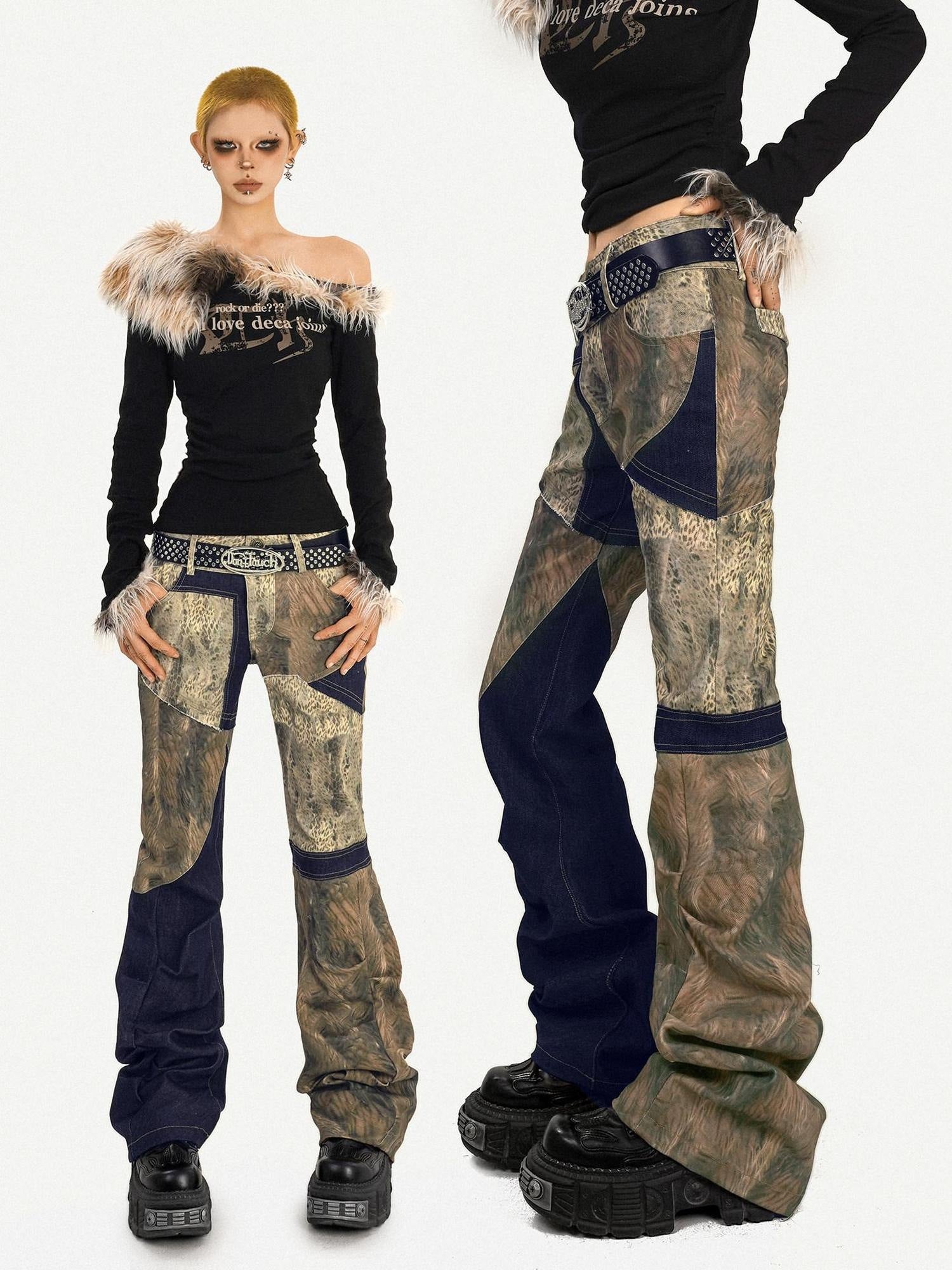 Nico Molly Retro Patchwork Micro Flare Natural Waist Everyday Pattern Flared Pants