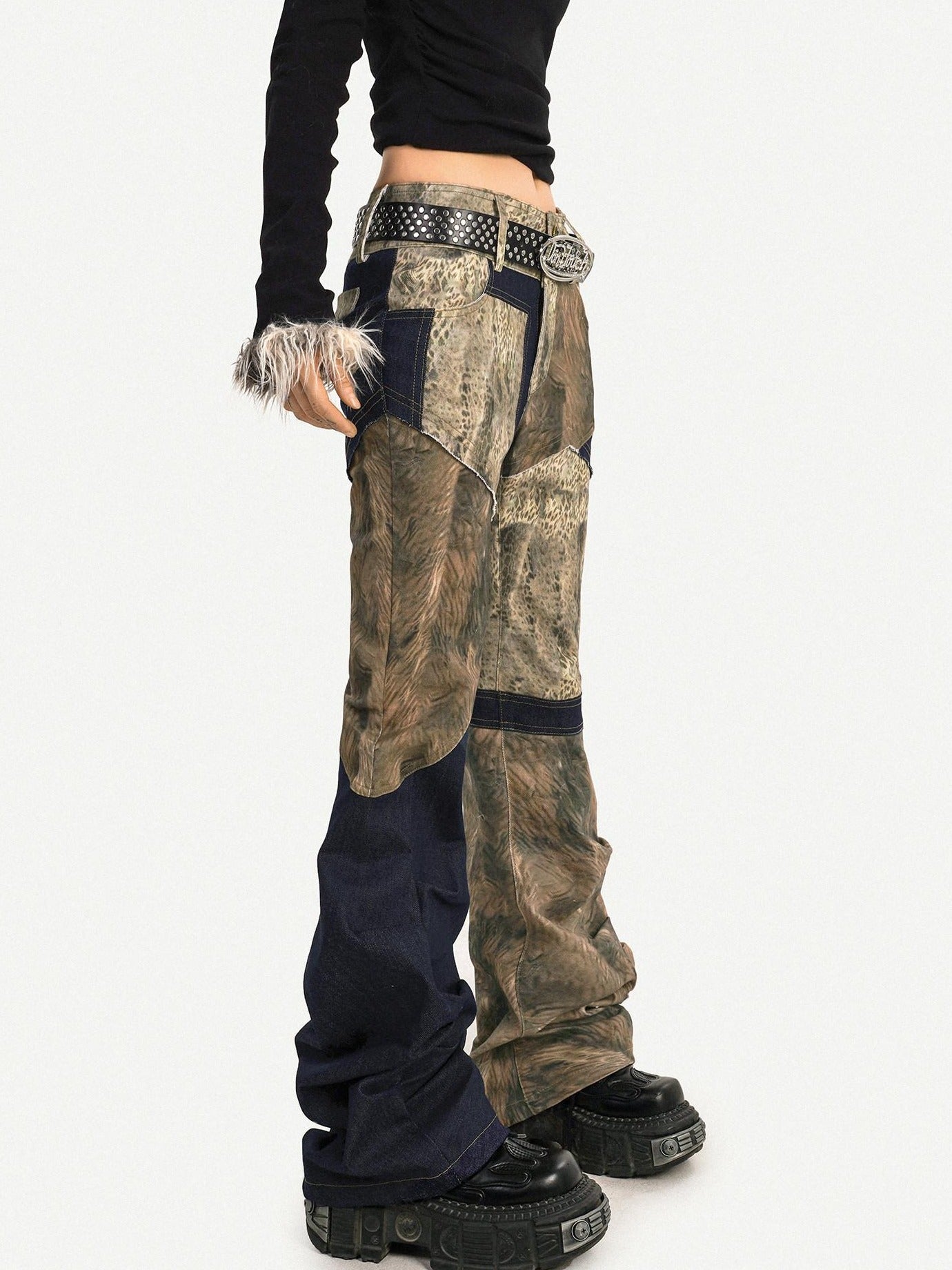 Nico Molly Retro Patchwork Micro Flare Natural Waist Everyday Pattern Flared Pants