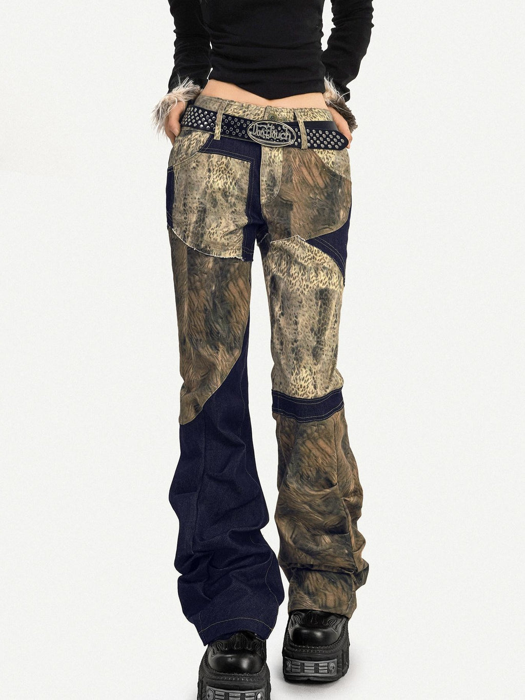 Nico Molly Retro Patchwork Micro Flare Natural Waist Everyday Pattern Flared Pants