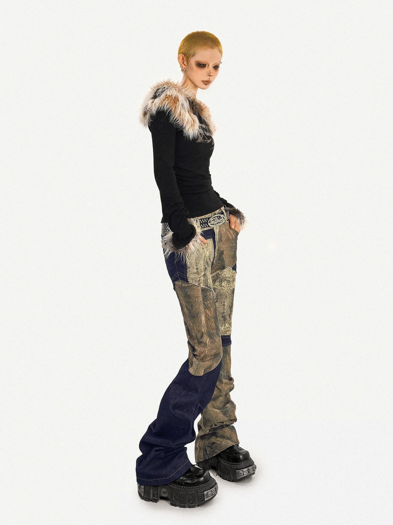 Nico Molly Retro Patchwork Micro Flare Natural Waist Everyday Pattern Flared Pants