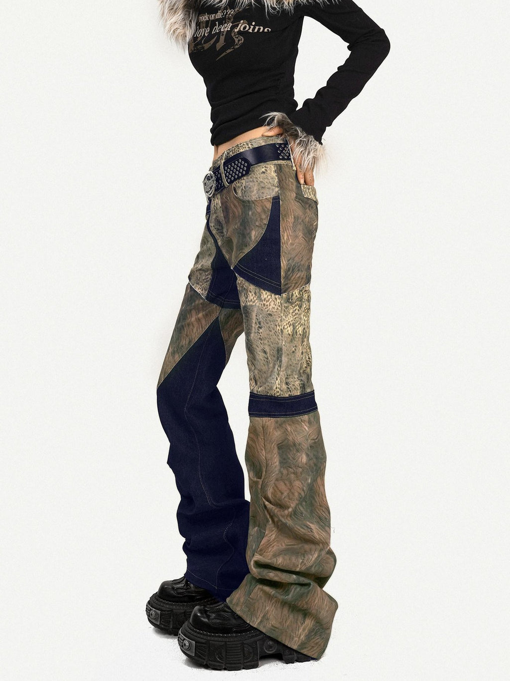 Nico Molly Retro Patchwork Micro Flare Natural Waist Everyday Pattern Flared Pants