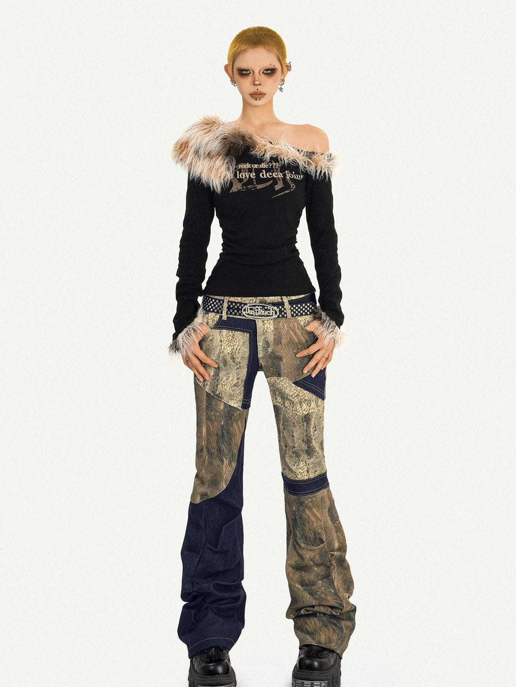 Nico Molly Retro Patchwork Micro Flare Natural Waist Everyday Pattern Flared Pants