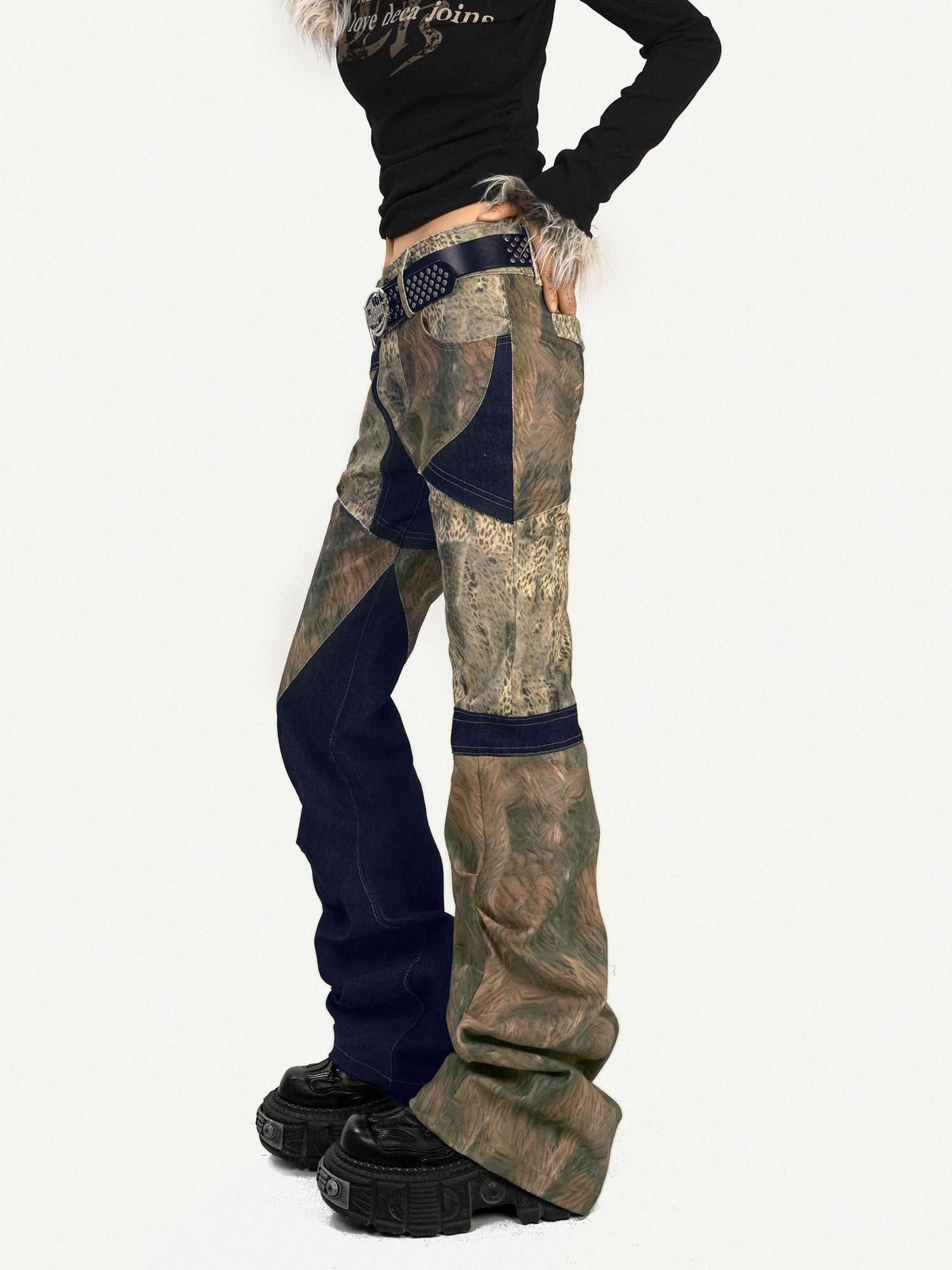 Nico Molly Retro Patchwork Micro Flare Natural Waist Everyday Pattern Flared Pants