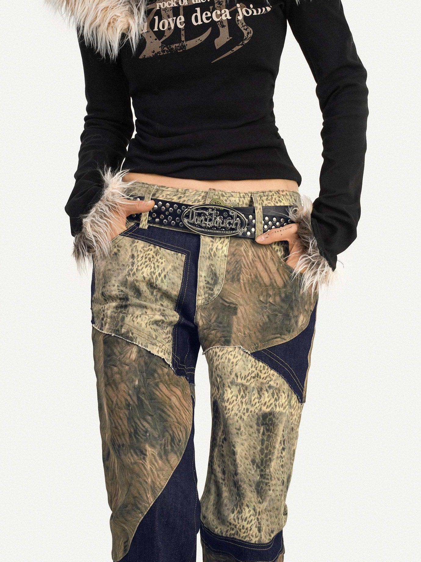 Nico Molly Retro Patchwork Micro Flare Natural Waist Everyday Pattern Flared Pants