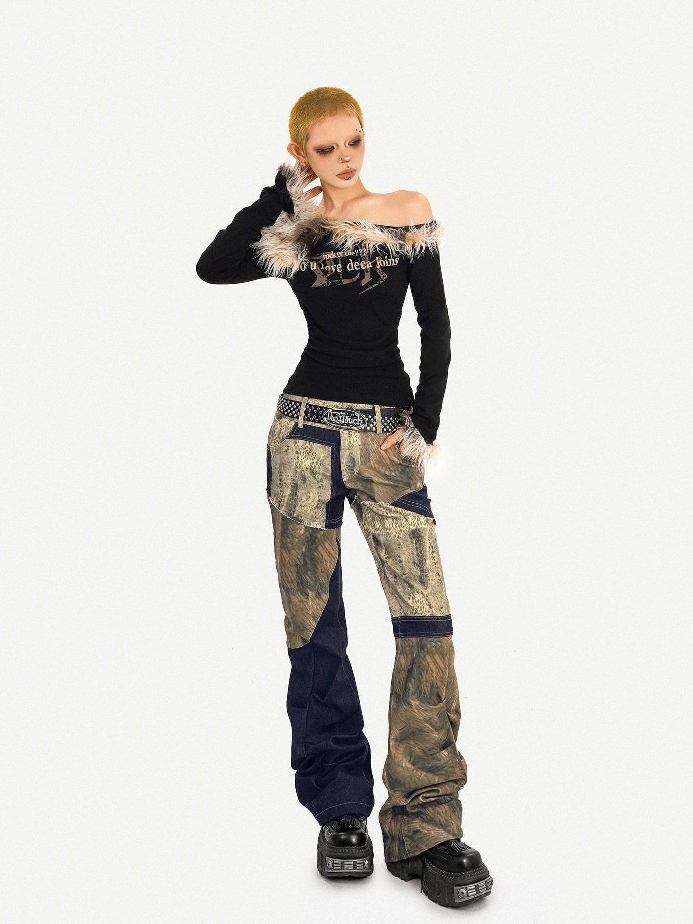 Nico Molly Retro Patchwork Micro Flare Natural Waist Everyday Pattern Flared Pants