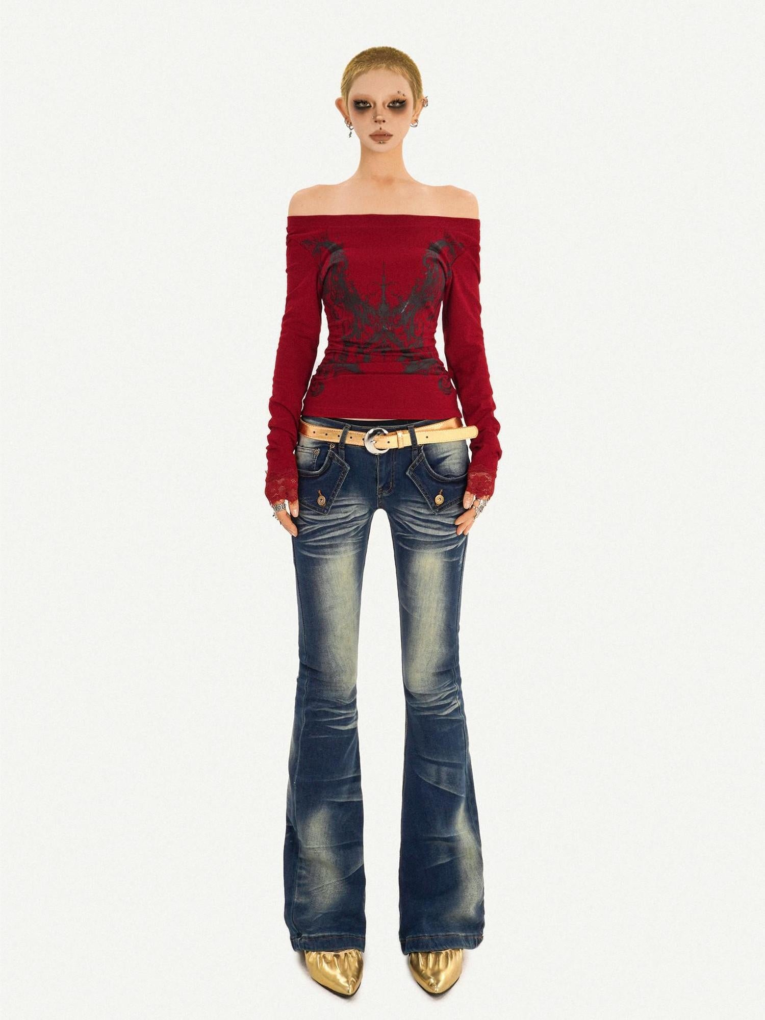 Nico Molly Retro Vintage Blue Low Rise Slim Fit With Pockets Women Everyday Flared Jeans