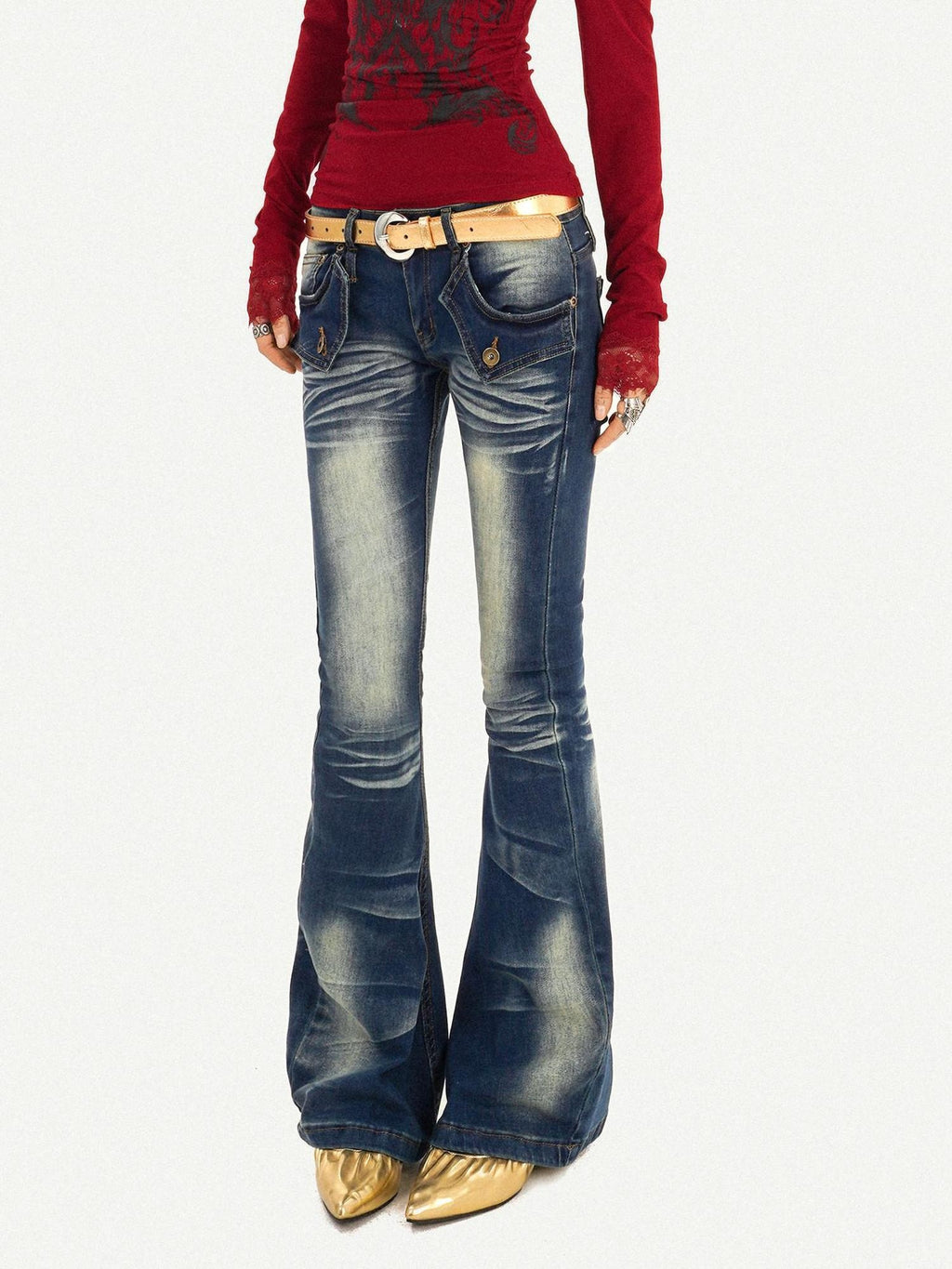 Nico Molly Retro Vintage Blue Low Rise Slim Fit With Pockets Women Everyday Flared Jeans