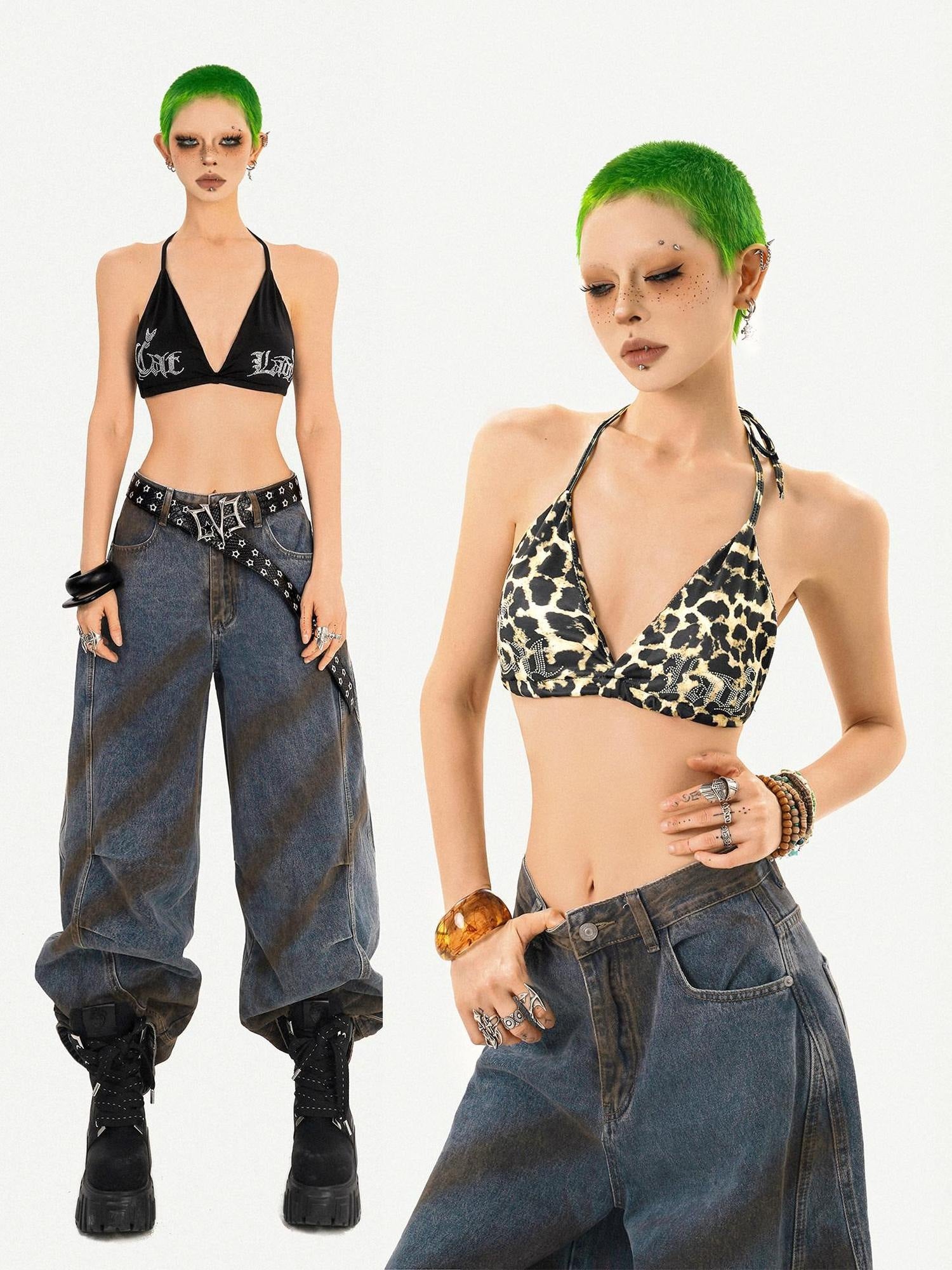 Nico Molly Rhinestone Embellished European Slim V-neck Tie Padded Leopard Print Camisoles