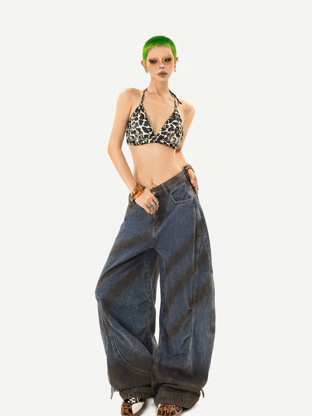 Nico Molly Rhinestone Embellished European Slim V-neck Tie Padded Leopard Print Camisoles