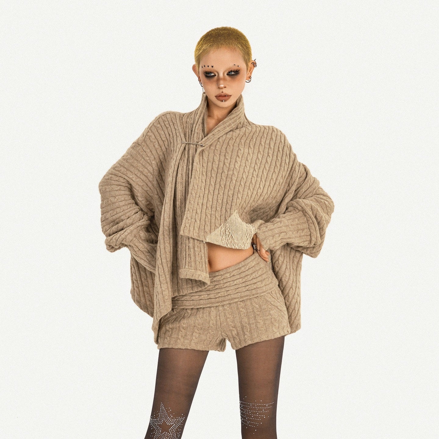 Nico_Molly_Rhinestone_Sparkle_Oversized_Street_Open_Front_Women_Khaki_Knit_Cardigans_MISSTT