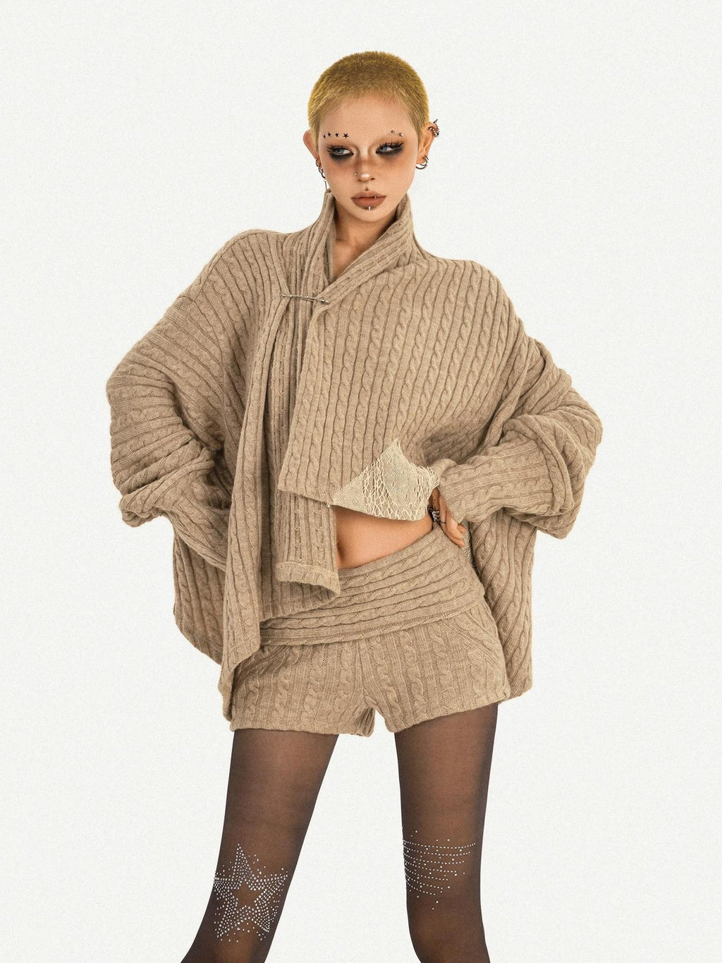 Nico Molly Rhinestone Sparkle Oversized Street Open Front Women Khaki Knit Cardigans