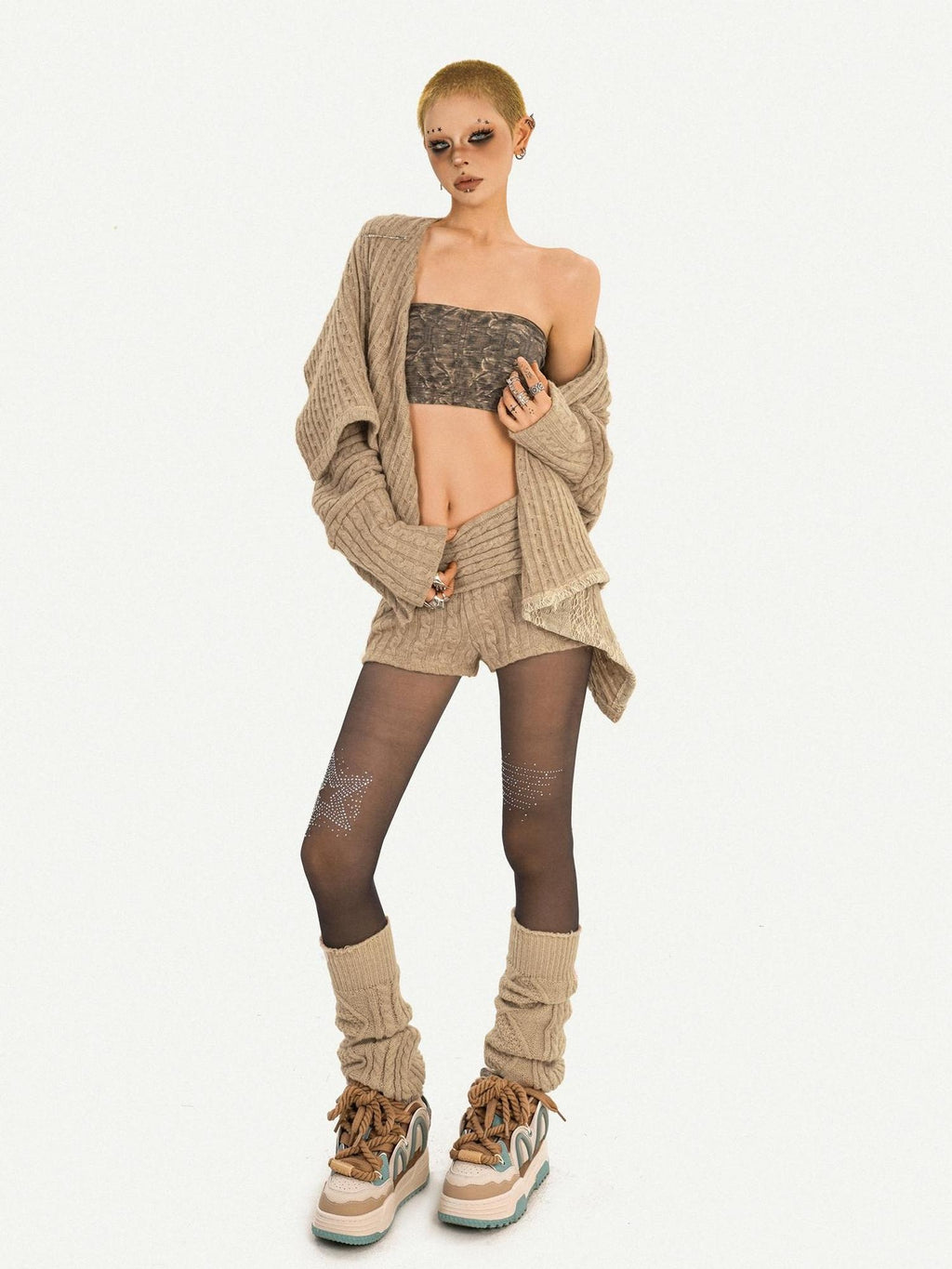 Nico Molly Rhinestone Sparkle Oversized Street Open Front Women Khaki Knit Cardigans