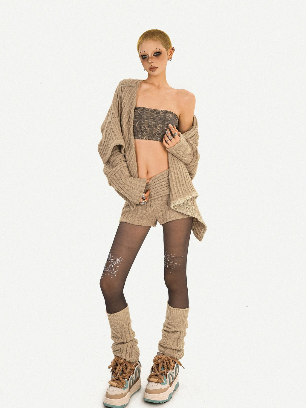 Nico Molly Rhinestone Sparkle Oversized Street Open Front Women Khaki Knit Cardigans