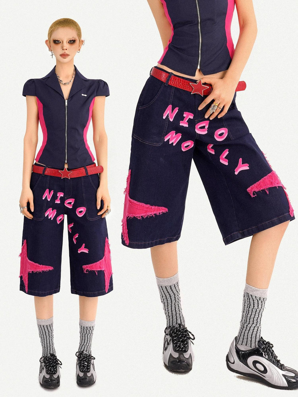 Nico Molly Ripped Dark Blue Street Loose Natural Waist Lettered Denim Straight Leg Jeans