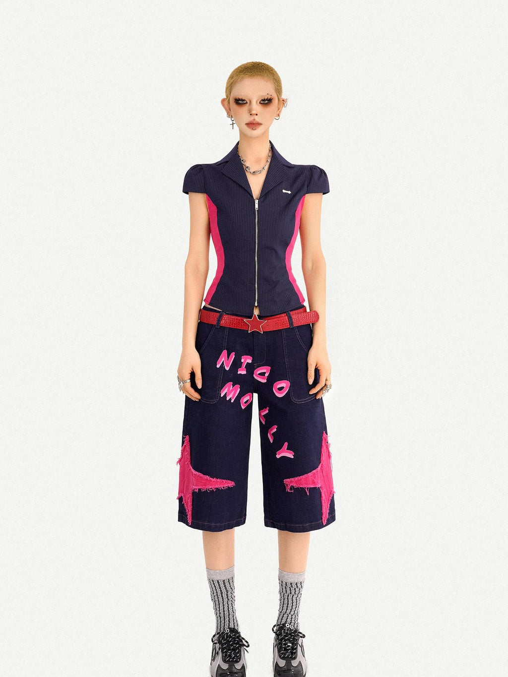 Nico Molly Ripped Dark Blue Street Loose Natural Waist Lettered Denim Straight Leg Jeans