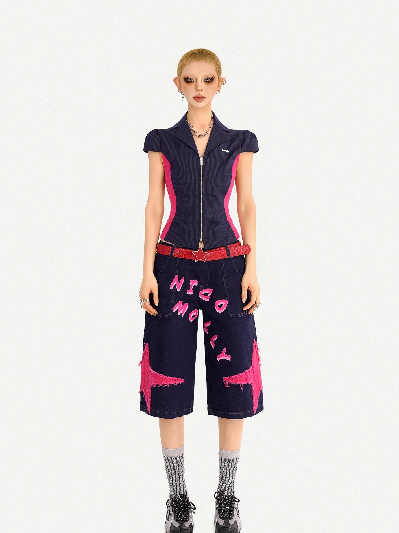 Nico Molly Ripped Dark Blue Street Loose Natural Waist Lettered Denim Straight Leg Jeans